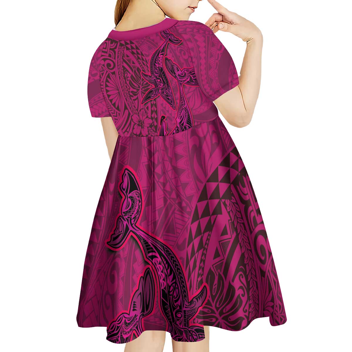 Hawaiian Whales Polynesian Art Motifs Kid Short Sleeve Dress Pink Color LT03 - Polynesian Pride