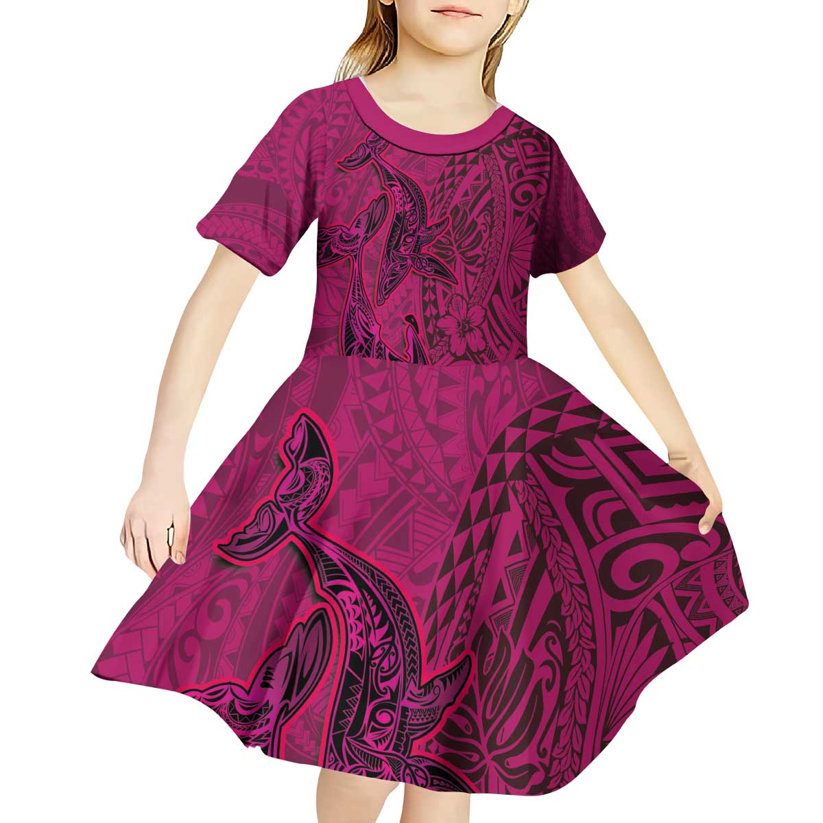 Hawaiian Whales Polynesian Art Motifs Kid Short Sleeve Dress Pink Color LT03 - Polynesian Pride