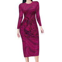 Hawaiian Whales Polynesian Art Motifs Long Sleeve Bodycon Dress Pink Color LT03 Long Dress Pink - Polynesian Pride