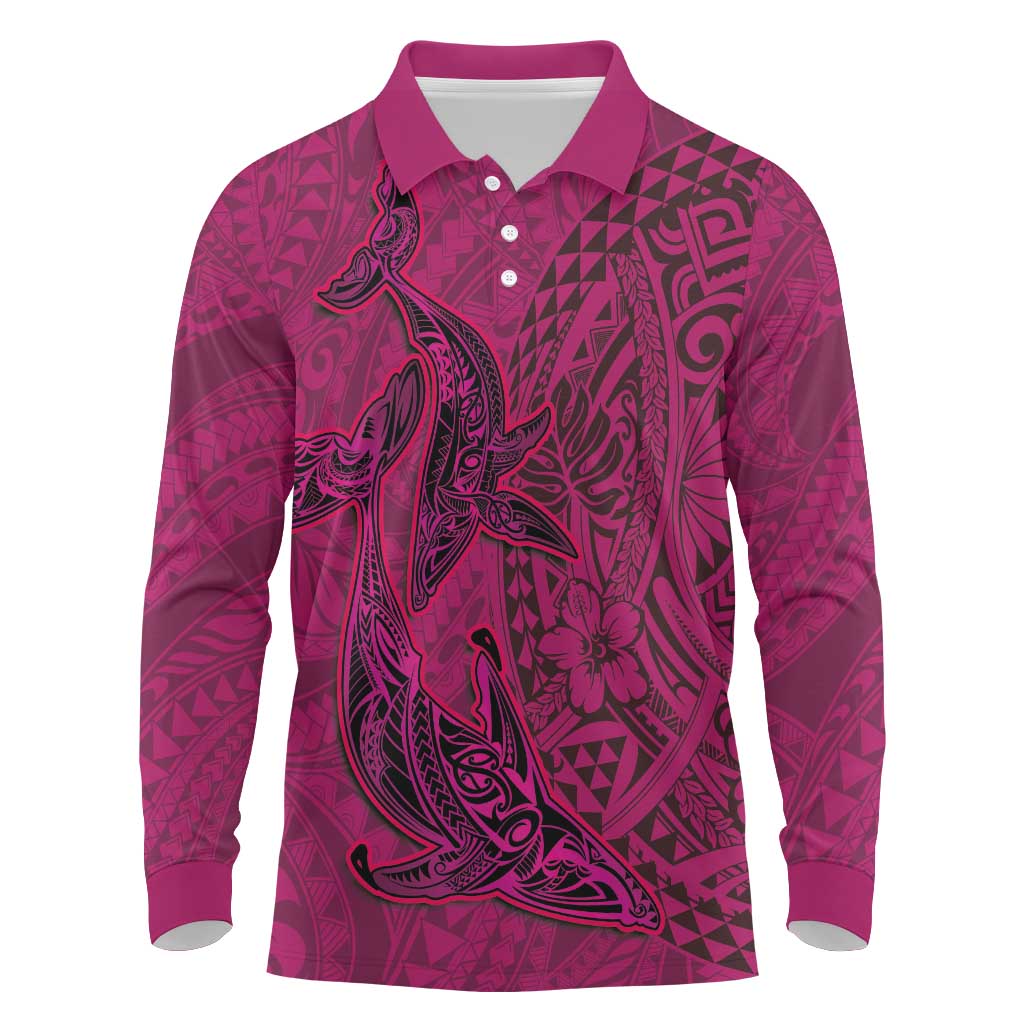 Hawaiian Whales Polynesian Art Motifs Long Sleeve Polo Shirt Pink Color LT03 Pink - Polynesian Pride