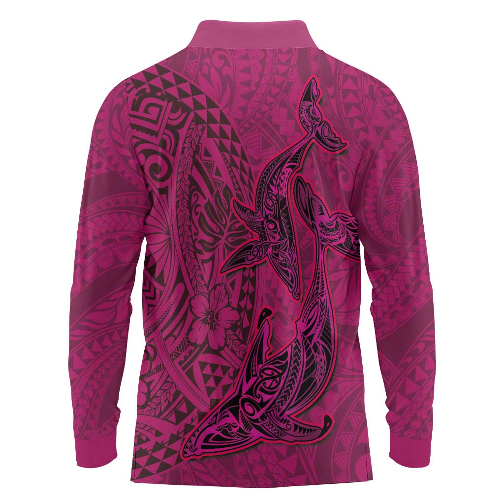 Hawaiian Whales Polynesian Art Motifs Long Sleeve Polo Shirt Pink Color LT03 - Polynesian Pride