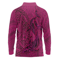 Hawaiian Whales Polynesian Art Motifs Long Sleeve Polo Shirt Pink Color LT03 - Polynesian Pride