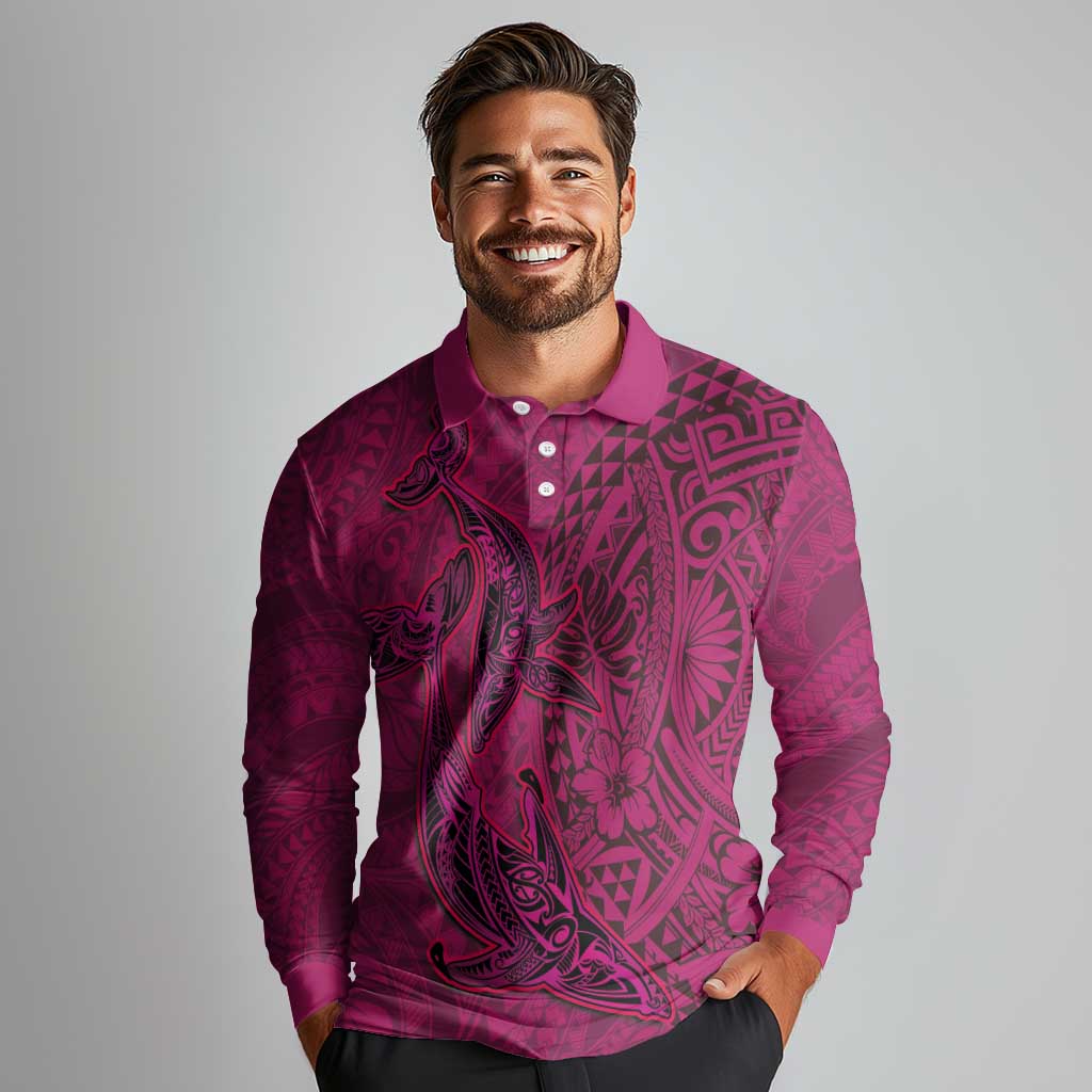 Hawaiian Whales Polynesian Art Motifs Long Sleeve Polo Shirt Pink Color LT03 - Polynesian Pride