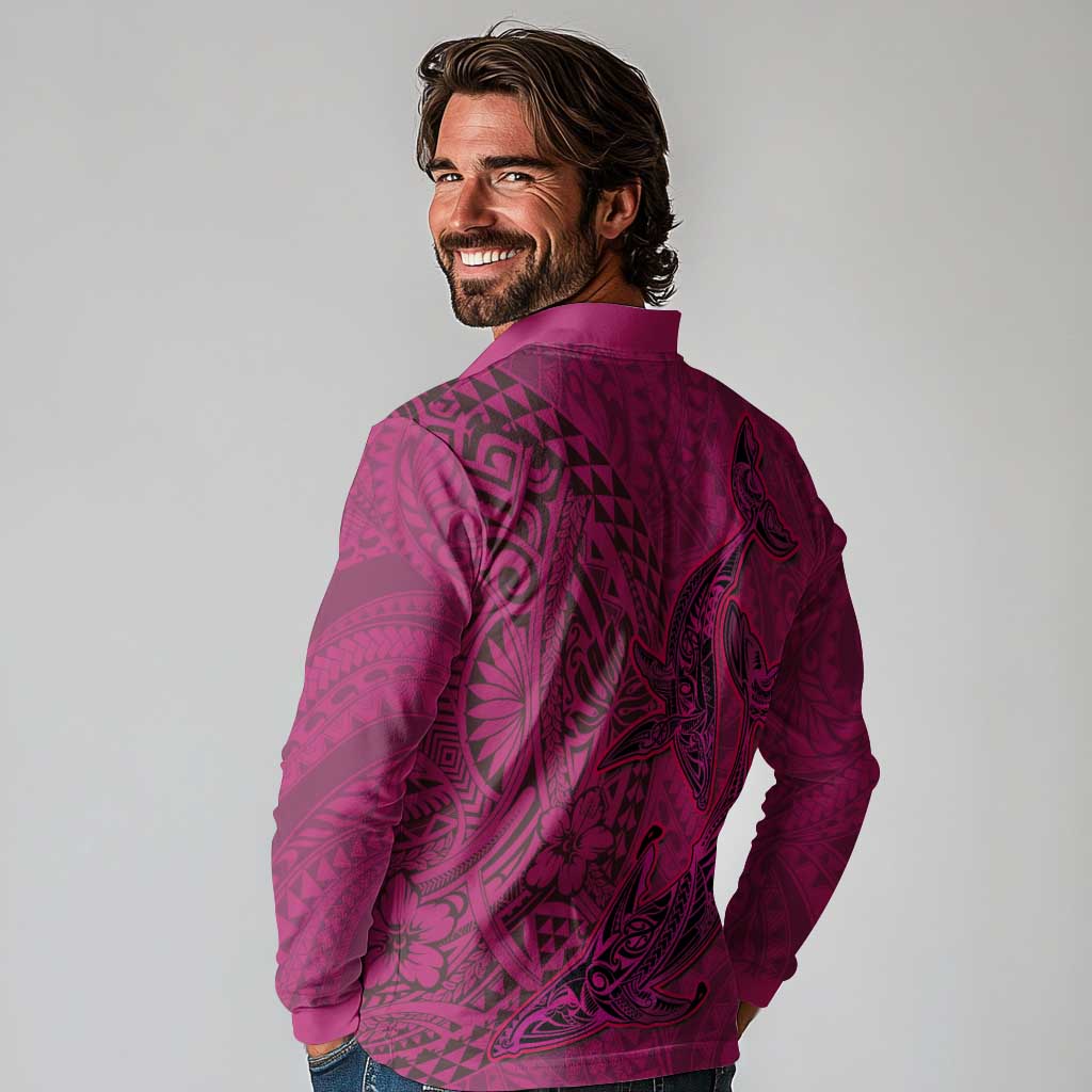 Hawaiian Whales Polynesian Art Motifs Long Sleeve Polo Shirt Pink Color LT03 - Polynesian Pride
