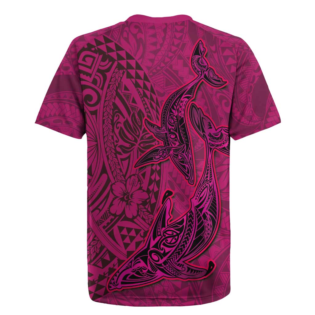 Hawaiian Whales Polynesian Art Motifs Rugby Jersey Pink Color LT03 - Polynesian Pride