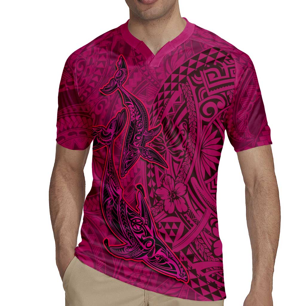 Hawaiian Whales Polynesian Art Motifs Rugby Jersey Pink Color LT03 - Polynesian Pride