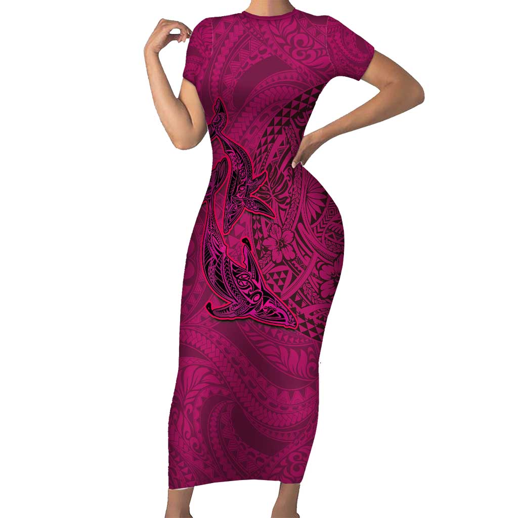 Hawaiian Whales Polynesian Art Motifs Short Sleeve Bodycon Dress Pink Color LT03 Long Dress Pink - Polynesian Pride