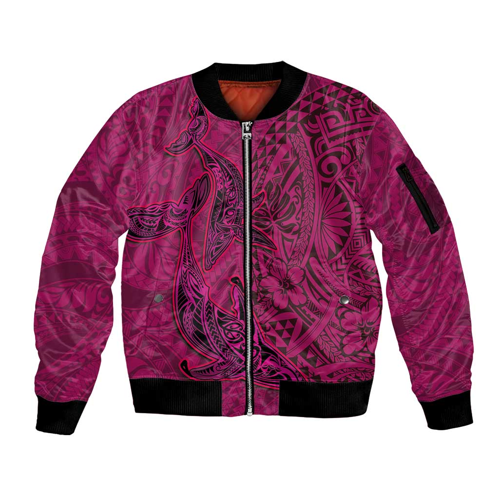 Hawaiian Whales Polynesian Art Motifs Sleeve Zip Bomber Jacket Pink Color LT03 Unisex Pink - Polynesian Pride