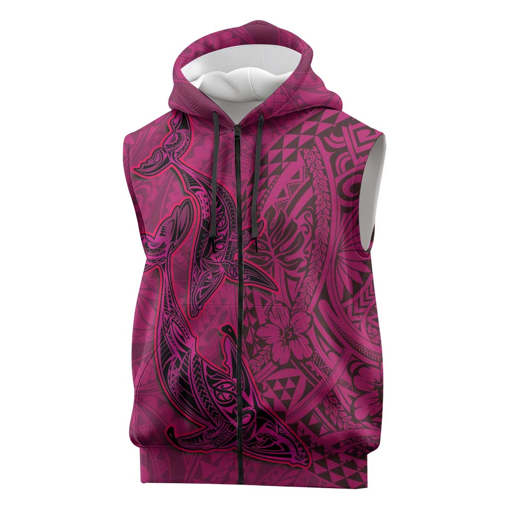 Hawaiian Whales Polynesian Art Motifs Sleeveless Zip Hoodie Pink Color LT03 Pink - Polynesian Pride