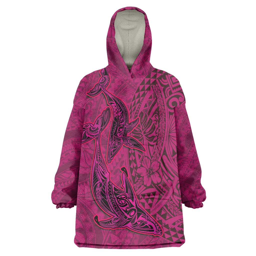 Hawaiian Whales Polynesian Art Motifs Wearable Blanket Hoodie Pink Color LT03 One Size Pink - Polynesian Pride