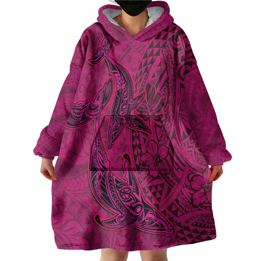 Hawaiian Whales Polynesian Art Motifs Wearable Blanket Hoodie Pink Color LT03 - Polynesian Pride