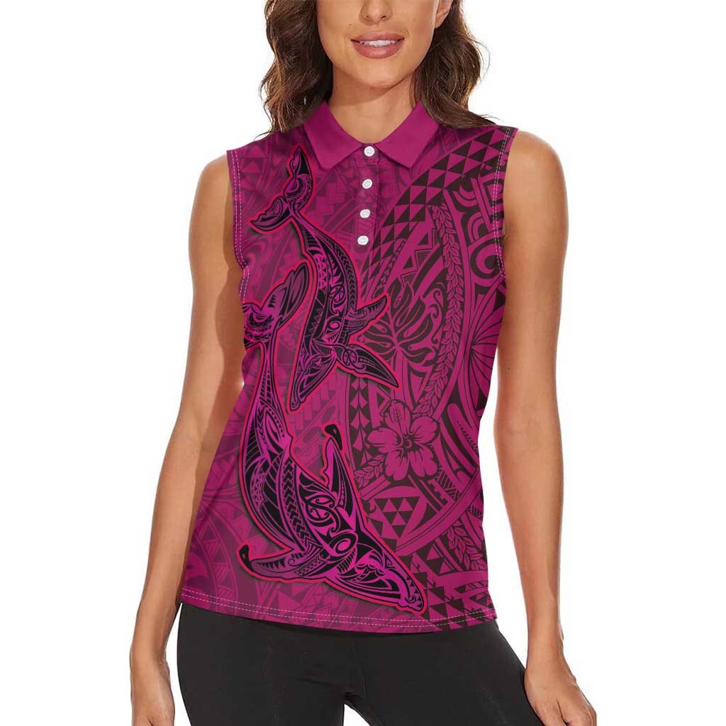 Hawaiian Whales Polynesian Art Motifs Women Sleeveless Polo Shirt Pink Color LT03 - Polynesian Pride