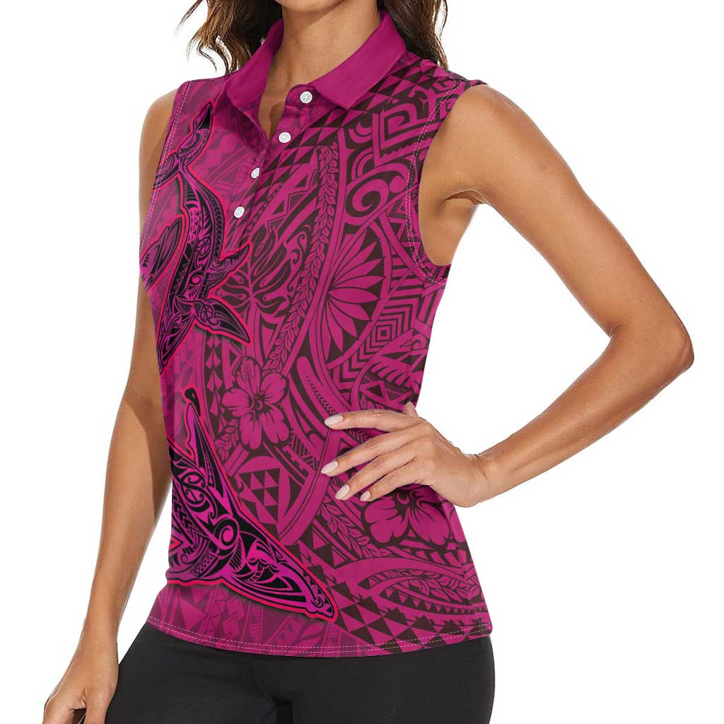 Hawaiian Whales Polynesian Art Motifs Women Sleeveless Polo Shirt Pink Color LT03 - Polynesian Pride