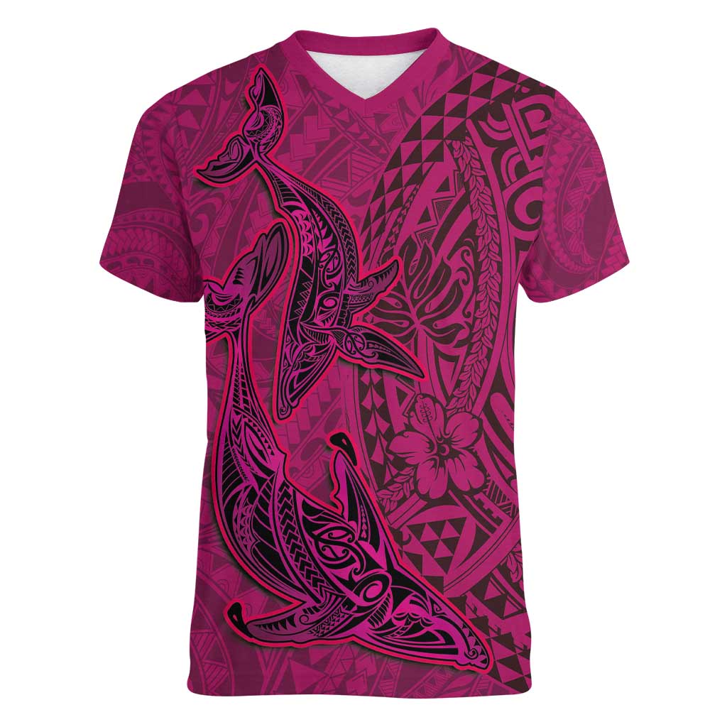 Hawaiian Whales Polynesian Art Motifs Women V-Neck T-Shirt Pink Color LT03 Female Pink - Polynesian Pride