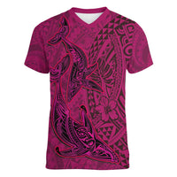 Hawaiian Whales Polynesian Art Motifs Women V-Neck T-Shirt Pink Color LT03 Female Pink - Polynesian Pride