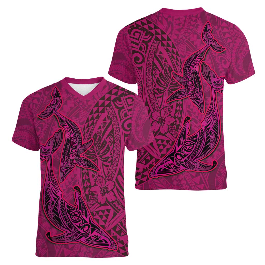 Hawaiian Whales Polynesian Art Motifs Women V-Neck T-Shirt Pink Color LT03 - Polynesian Pride