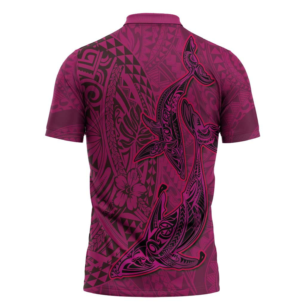 Hawaiian Whales Polynesian Art Motifs Zipper Polo Shirt Pink Color LT03 - Polynesian Pride