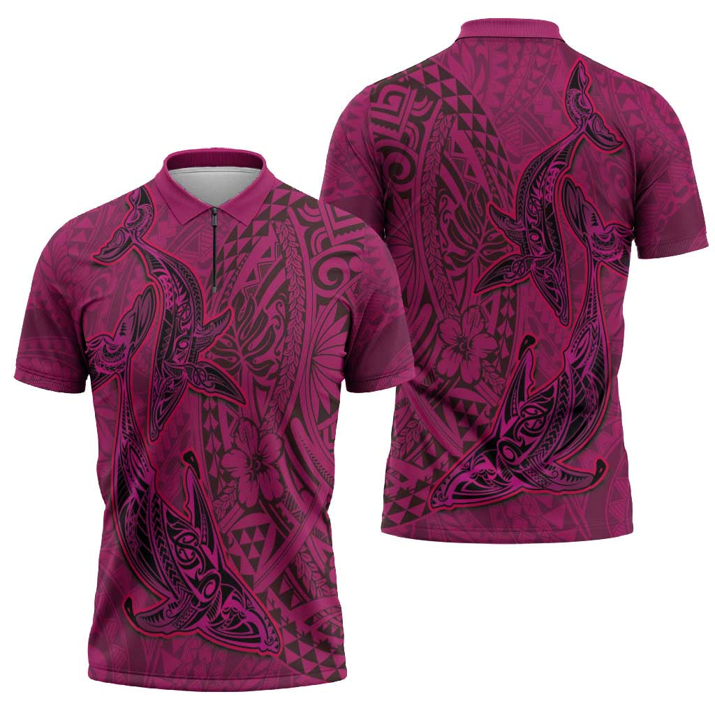 Hawaiian Whales Polynesian Art Motifs Zipper Polo Shirt Pink Color LT03 - Polynesian Pride