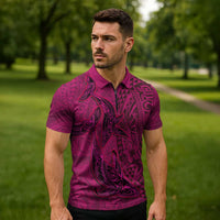 Hawaiian Whales Polynesian Art Motifs Zipper Polo Shirt Pink Color LT03 - Polynesian Pride
