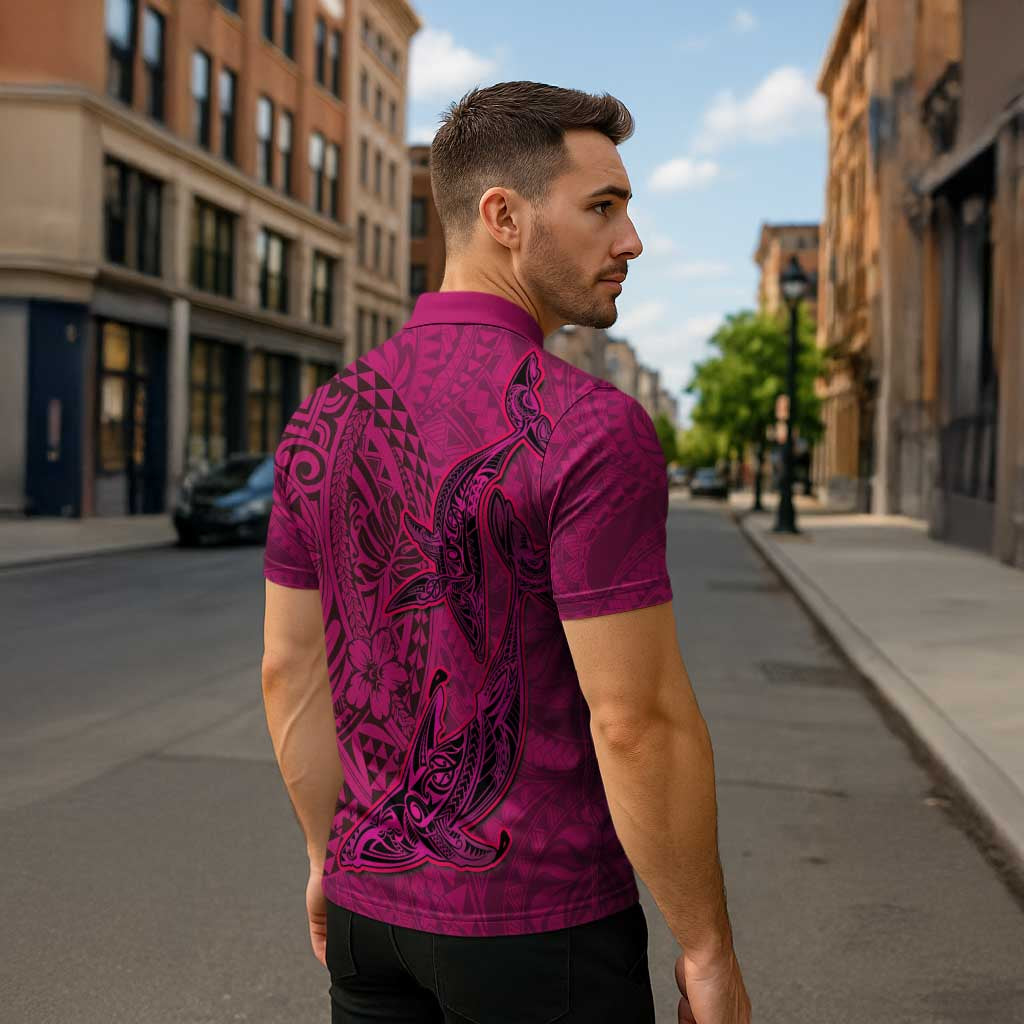 Hawaiian Whales Polynesian Art Motifs Zipper Polo Shirt Pink Color LT03 - Polynesian Pride