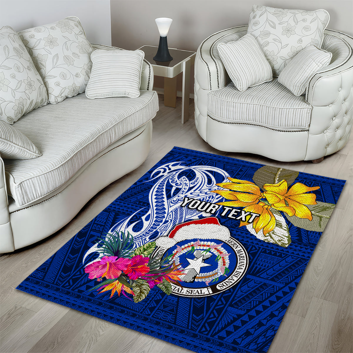 Custom Northern Mariana Islands Christmas Area Rug Funny Santa Hug Latte Stone Ylang-ylang and Polynesia Pattern Blue LT03 - Polynesian Pride