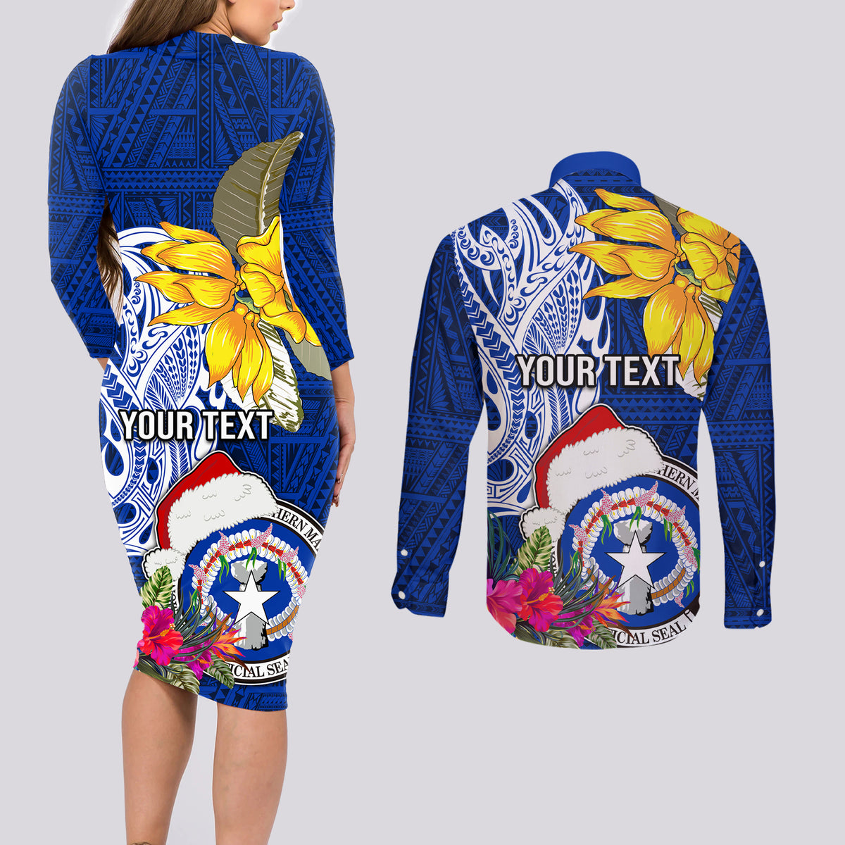Custom Northern Mariana Islands Christmas Couples Matching Long Sleeve Bodycon Dress and Long Sleeve Button Shirt Funny Santa Hug Latte Stone Ylang-ylang and Polynesia Pattern Blue LT03 - Polynesian Pride