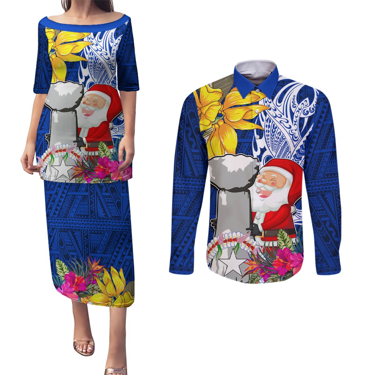 Custom Northern Mariana Islands Christmas Couples Matching Puletasi Dress and Long Sleeve Button Shirt Funny Santa Hug Latte Stone Ylang-ylang and Polynesia Pattern Blue LT03 Blue - Polynesian Pride