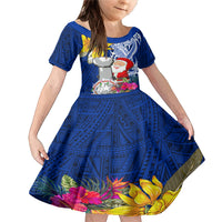 Custom Northern Mariana Islands Christmas Family Matching Mermaid Dress and Hawaiian Shirt Funny Santa Hug Latte Stone Ylang-ylang and Polynesia Pattern Blue LT03 Daughter's Dress Blue - Polynesian Pride
