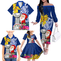 Custom Northern Mariana Islands Christmas Family Matching Off Shoulder Long Sleeve Dress and Hawaiian Shirt Funny Santa Hug Latte Stone Ylang-ylang and Polynesia Pattern Blue LT03 - Polynesian Pride