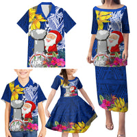 Custom Northern Mariana Islands Christmas Family Matching Puletasi Dress and Hawaiian Shirt Funny Santa Hug Latte Stone Ylang-ylang and Polynesia Pattern Blue LT03 - Polynesian Pride
