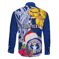 Custom Northern Mariana Islands Christmas Family Matching Summer Maxi Dress and Hawaiian Shirt Funny Santa Hug Latte Stone Ylang-ylang and Polynesia Pattern Blue LT03 - Polynesian Pride