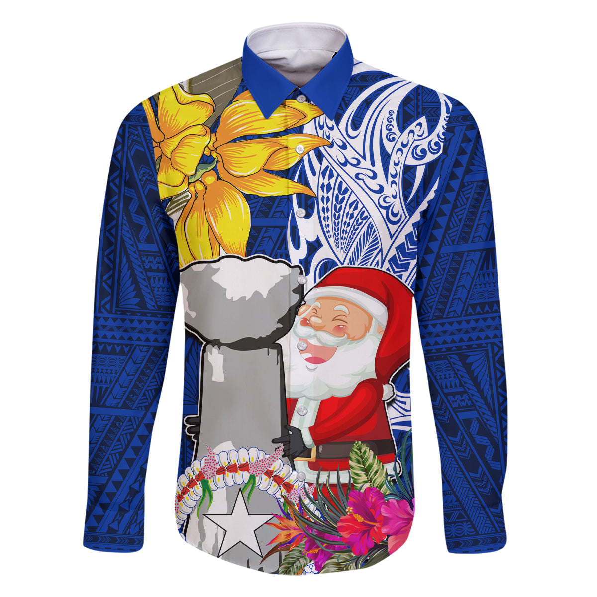 Custom Northern Mariana Islands Christmas Family Matching Tank Maxi Dress and Hawaiian Shirt Funny Santa Hug Latte Stone Ylang-ylang and Polynesia Pattern Blue LT03 Dad's Shirt - Long Sleeve Blue - Polynesian Pride