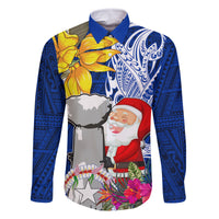 Custom Northern Mariana Islands Christmas Family Matching Tank Maxi Dress and Hawaiian Shirt Funny Santa Hug Latte Stone Ylang-ylang and Polynesia Pattern Blue LT03 Dad's Shirt - Long Sleeve Blue - Polynesian Pride