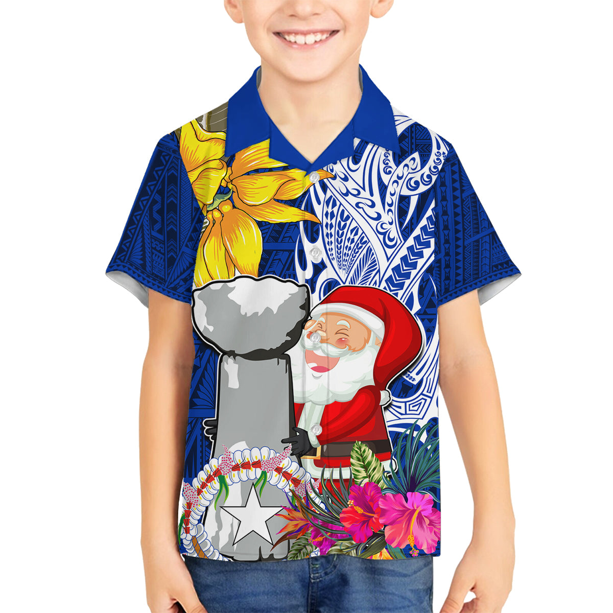 Custom Northern Mariana Islands Christmas Family Matching Tank Maxi Dress and Hawaiian Shirt Funny Santa Hug Latte Stone Ylang-ylang and Polynesia Pattern Blue LT03 Son's Shirt Blue - Polynesian Pride