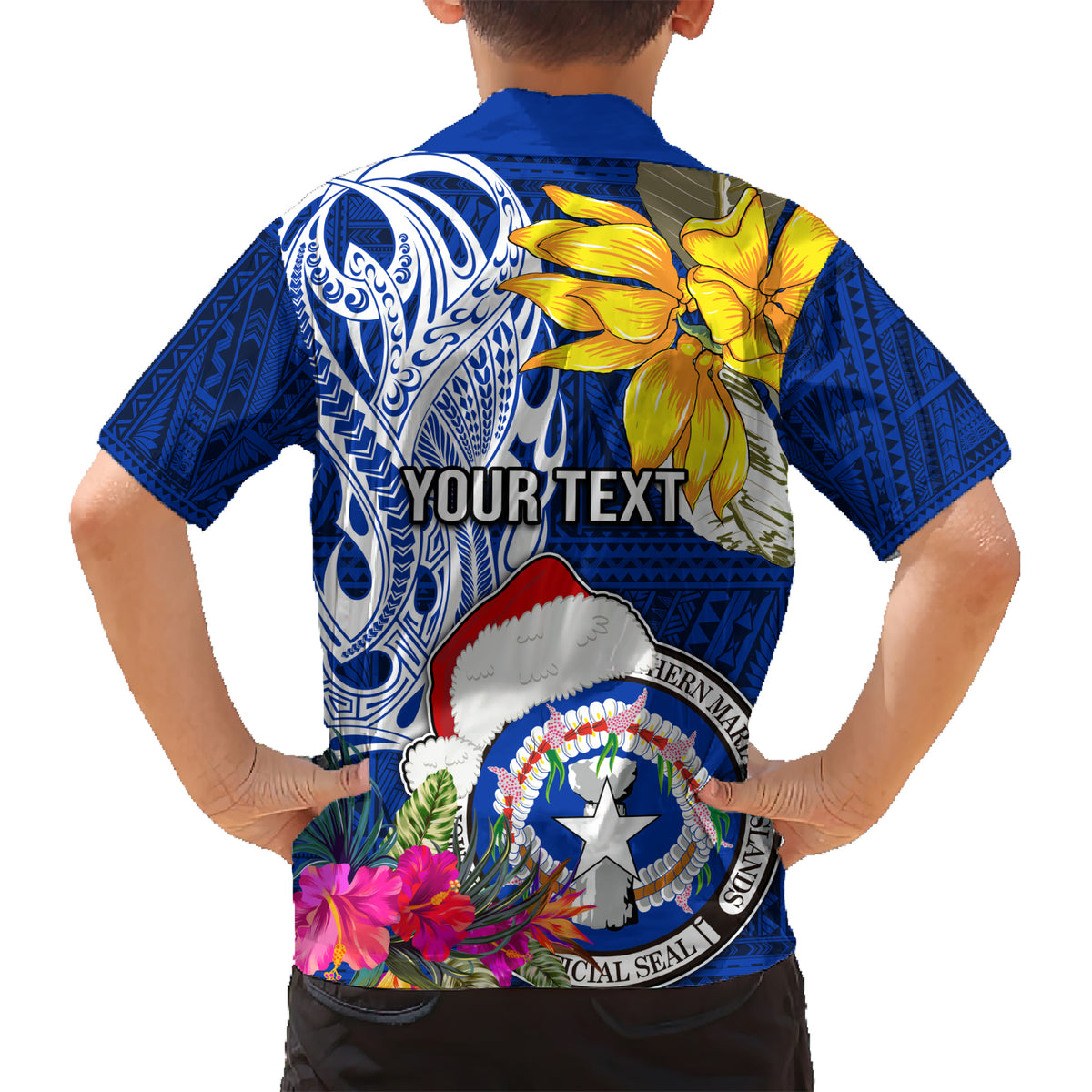 Custom Northern Mariana Islands Christmas Kid Hawaiian Shirt Funny Santa Hug Latte Stone Ylang-ylang and Polynesia Pattern Blue LT03 - Polynesian Pride