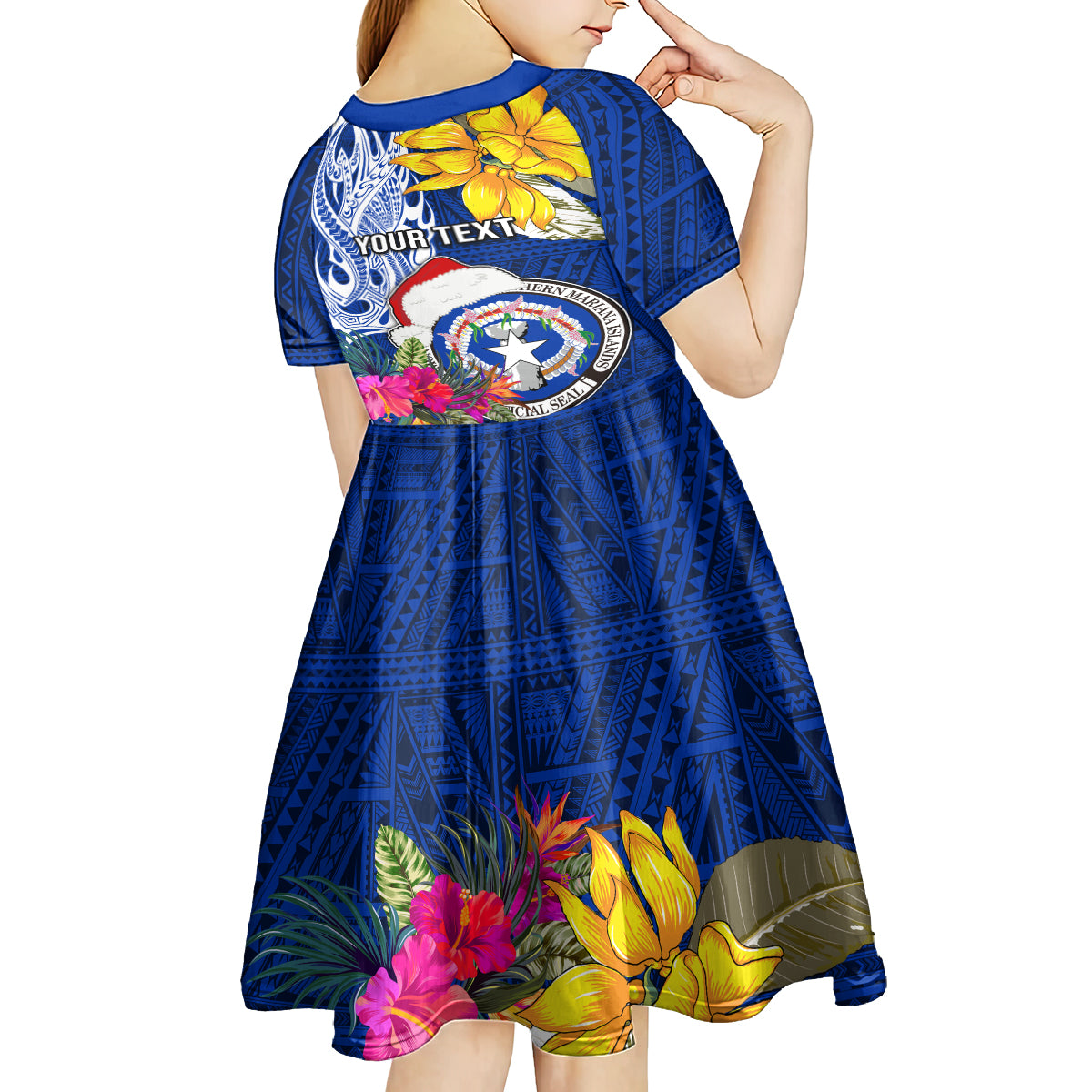 Custom Northern Mariana Islands Christmas Kid Short Sleeve Dress Funny Santa Hug Latte Stone Ylang-ylang and Polynesia Pattern Blue LT03 - Polynesian Pride