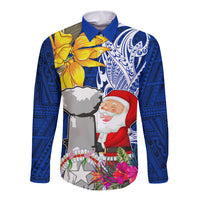 Custom Northern Mariana Islands Christmas Long Sleeve Button Shirt Funny Santa Hug Latte Stone Ylang-ylang and Polynesia Pattern Blue LT03 Unisex Blue - Polynesian Pride
