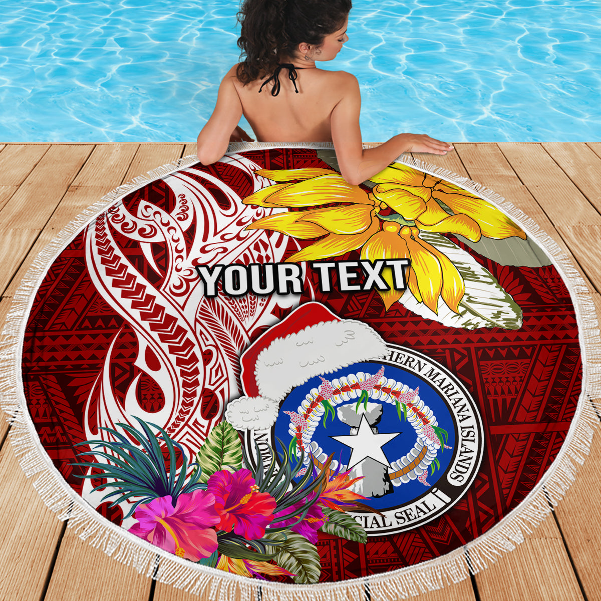 Custom Northern Mariana Islands Christmas Beach Blanket Funny Santa Hug Latte Stone Ylang-ylang and Polynesia Pattern Red LT03 - Polynesian Pride