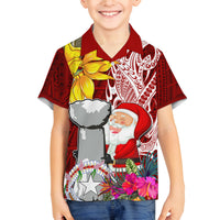 Custom Northern Mariana Islands Christmas Family Matching Off Shoulder Short Dress and Hawaiian Shirt Funny Santa Hug Latte Stone Ylang-ylang and Polynesia Pattern Red LT03 Son's Shirt Red - Polynesian Pride