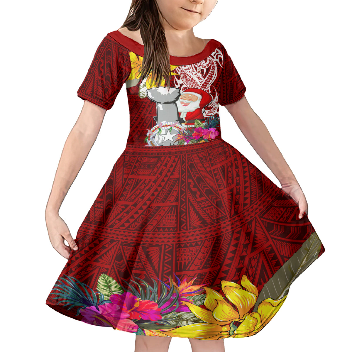 Custom Northern Mariana Islands Christmas Family Matching Puletasi Dress and Hawaiian Shirt Funny Santa Hug Latte Stone Ylang-ylang and Polynesia Pattern Red LT03 Daughter's Dress Red - Polynesian Pride