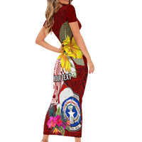 Custom Northern Mariana Islands Christmas Family Matching Short Sleeve Bodycon Dress and Hawaiian Shirt Funny Santa Hug Latte Stone Ylang-ylang and Polynesia Pattern Red LT03 - Polynesian Pride