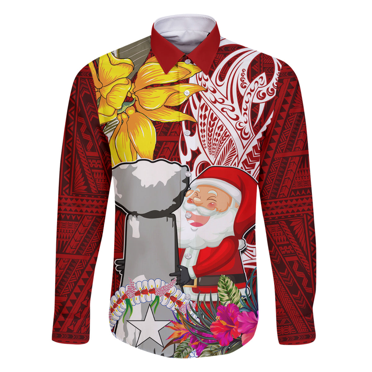 Custom Northern Mariana Islands Christmas Family Matching Summer Maxi Dress and Hawaiian Shirt Funny Santa Hug Latte Stone Ylang-ylang and Polynesia Pattern Red LT03 Dad's Shirt - Long Sleeve Red - Polynesian Pride