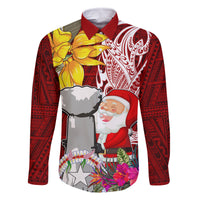 Custom Northern Mariana Islands Christmas Family Matching Summer Maxi Dress and Hawaiian Shirt Funny Santa Hug Latte Stone Ylang-ylang and Polynesia Pattern Red LT03 Dad's Shirt - Long Sleeve Red - Polynesian Pride