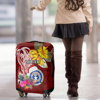 Custom Northern Mariana Islands Christmas Luggage Cover Funny Santa Hug Latte Stone Ylang-ylang and Polynesia Pattern Red LT03 - Polynesian Pride