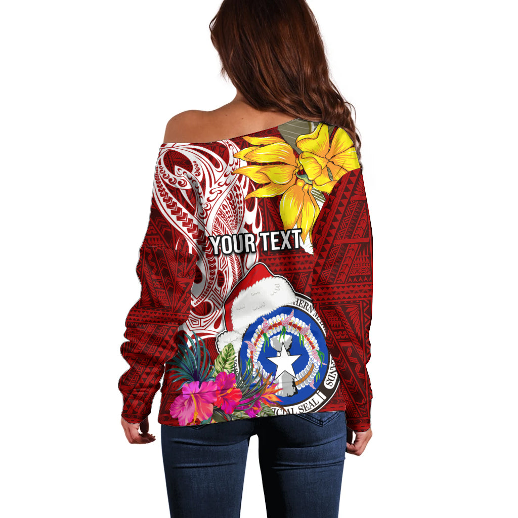 Custom Northern Mariana Islands Christmas Off Shoulder Sweater Funny Santa Hug Latte Stone Ylang-ylang and Polynesia Pattern Red LT03 - Polynesian Pride
