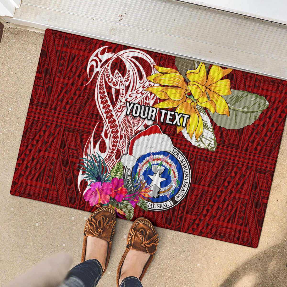 Custom Northern Mariana Islands Christmas Rubber Doormat Funny Santa Hug Latte Stone Ylang-ylang and Polynesia Pattern Red LT03 - Polynesian Pride