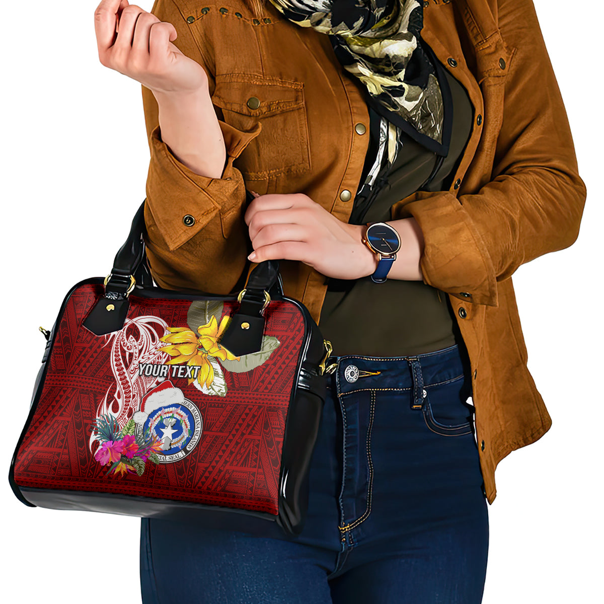 Custom Northern Mariana Islands Christmas Shoulder Handbag Funny Santa Hug Latte Stone Ylang-ylang and Polynesia Pattern Red LT03 - Polynesian Pride