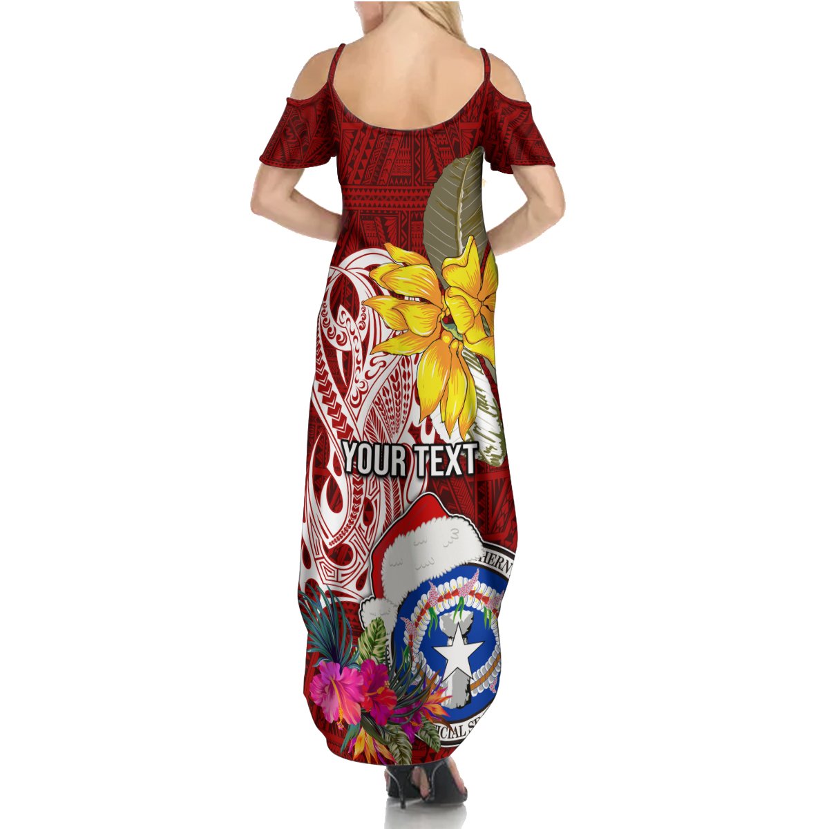 Custom Northern Mariana Islands Christmas Summer Maxi Dress Funny Santa Hug Latte Stone Ylang-ylang and Polynesia Pattern Red LT03 - Polynesian Pride