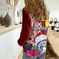 Custom Northern Mariana Islands Christmas Women Casual Shirt Funny Santa Hug Latte Stone Ylang-ylang and Polynesia Pattern Red LT03 - Polynesian Pride