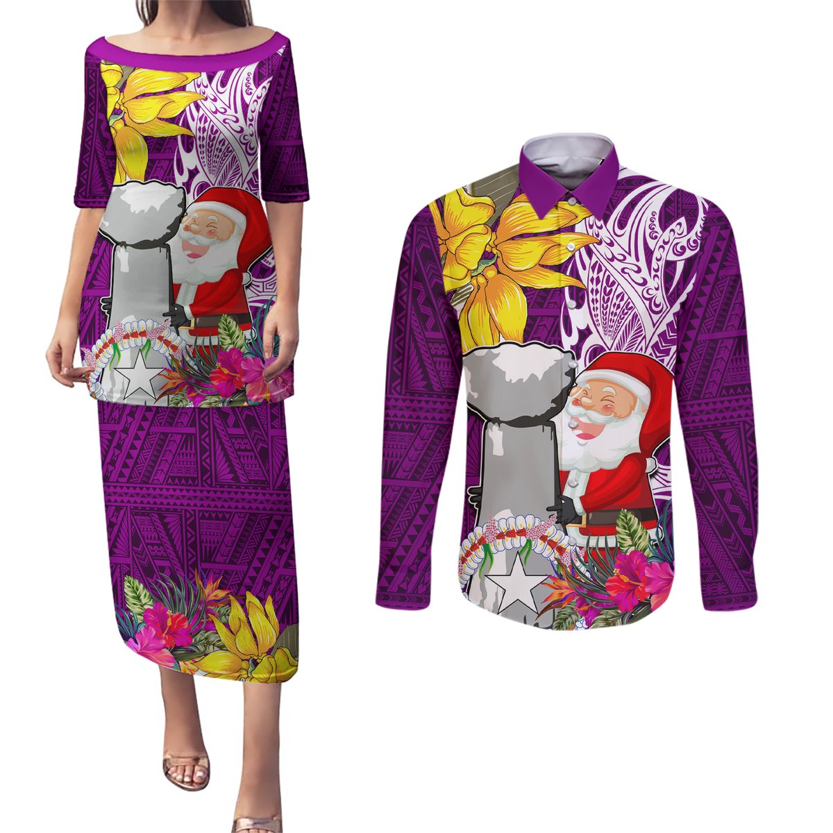 Custom Northern Mariana Islands Christmas Couples Matching Puletasi Dress and Long Sleeve Button Shirt Funny Santa Hug Latte Stone Ylang-ylang and Polynesia Pattern Pink LT03 Pink - Polynesian Pride